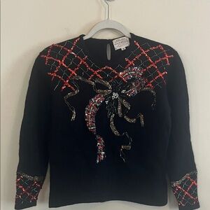 Vintage Susan Bristol Christmas Holiday Sweater 1992 Beaded Angora LambsWool Bow